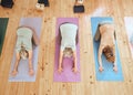 Yoga, child pose and women friends in home stretching for fitness, healthcare or wellness top view. Zen, pilates or Royalty Free Stock Photo