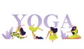 Yoga class concept banner with women figures in different poses and asanas. Sport design template for invitation, poster, brochure
