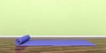 Yoga class equipment. Exercise mat on wooden floor, banner, copy space. 3d illustration