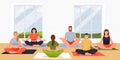 Yoga class  flat cartoon illustration. People sitting in lotus position on floor. Women and men practicing yoga Royalty Free Stock Photo