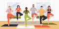 Yoga class flat cartoon illustration. Young women and men practicing yoga exercise and meditation with instructor