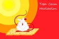 White cute mouse meditates on the carpet, rug on the background of sunrise, sunset