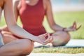 Yoga class, lotus hands and women for zen fitness, exercise and mindfulness, healing and peace in park grass. Meditation Royalty Free Stock Photo