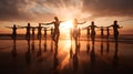 Yoga Class Practicing at Sunrise on Quiet Beach with Golden Hue. Generative Ai