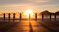 Yoga Class Practicing at Sunrise on Quiet Beach with Golden Hue. Generative Ai