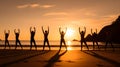 Yoga Class Practicing at Sunrise on Quiet Beach with Golden Hue. Generative Ai