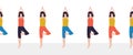 Yoga class seamless vector border. Women Fitness class repeating illustration of woman doing yoga tree pose. Sport event