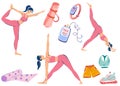 Yoga classes. Girls do yoga in different poses. Sport equipment, gym accessory, Yoga mat, sportswear, fitness bracelet and player