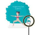 Yoga classes at home online. A cute girl leads a live broadcast of yoga lessons in an online yoga studio school. Yoga