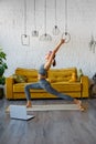 Yoga classes at home. A slender gray woman in a tracksuit is sitting in front of a laptop. A woman performs exercises near a