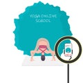 Yoga classes without leaving home. A cute girl leads a live broadcast of yoga lessons in an online yoga studio school