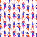 Yoga Colorful cartoon characters seamless pattern. Yoga workout set. Kids doing yoga exercises.