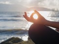 Yoga concept. Closeup woman hand practicing lotus pose Royalty Free Stock Photo