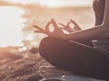 Yoga concept. Closeup woman hand practicing lotus pose