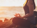 Yoga concept. Closeup woman hand practicing lotus pose Royalty Free Stock Photo