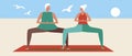 Yoga couple, elderly man and woman, flat vector stock illustration with old couple in outdoor health care for the elderly Royalty Free Stock Photo