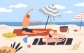 Yoga couple at seashore. Active people do fitness at beach. Woman and man sunbathing on vacation. Physical exercise