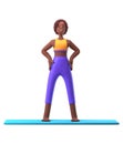 Yoga dark-skinned girl in standing position on white background, cartoon female 3d charcter doing yoga, 3d illustration