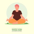 21 June International Yoga Day banner or poster with plus size woman in meditation yoga poses on greensward.