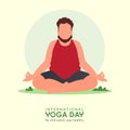 21 June International Yoga Day banner or poster with plus size man in meditation yoga poses on greensward.