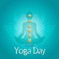Yoga Day card of lotus pose and gold chakra icons Royalty Free Stock Photo