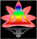 Yoga Day meditation padmasana pose banner with seven aura energy Chakra against pink lotus petals gradient vector on black