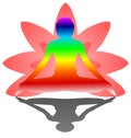 Yoga Day meditation padmasana pose banner with seven aura energy Chakra against pink lotus petals gradient vector on white Royalty Free Stock Photo