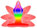 Yoga Day meditation parvastasna pose banner with seven aura energy Chakra against pink lotus petals with beautiful gradient vector