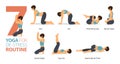 7 Yoga poses or asana posture for workout in de-stress routine concept. Women exercising for body stretching. Fitness infographic.