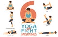 6 Yoga poses for Yoga at home in concept of fight for migraines or headache in flat design. Vector Royalty Free Stock Photo