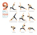 9 Yoga poses or asana posture for workout in detox yourself concept. Women exercising for stretching. Fitness infographic vector.
