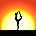 Yoga dhanurasana pose black silhouette on sunset background. Woman character meditating in nature during sunrise, dawn. Royalty Free Stock Photo