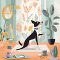 dog woman cartoon training healthy yoga sport lifestyle fitness body home. Generative AI. Royalty Free Stock Photo