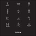 Yoga editable line icons vector set on black background. Yoga white outline illustrations, signs, symbols