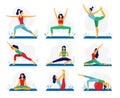 Yoga exercise. Fitness therapy, healthy stretch yoga poses and woman treatment stretching exercises flat vector Royalty Free Stock Photo