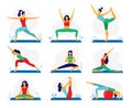 Yoga exercise. Fitness therapy, healthy stretch yoga poses and woman treatment stretching exercises flat vector illustration set Royalty Free Stock Photo