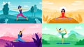 Yoga exercise on nature. Relax outdoors exercises, healthcare fitness and healthy lifestyle. Yoga poses flat vector Royalty Free Stock Photo