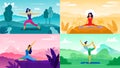 Yoga exercise on nature. Relax outdoors exercises, healthcare fitness and healthy lifestyle. Yoga poses flat vector illustration