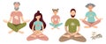 Yoga family. Mom, dad, daughter, grandparents sit in the lotus position and meditate, the cat lies nearby. Royalty Free Stock Photo