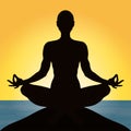 Yoga, figure of a man sitting in a lotus pose against the background of the sea and sunset, vector silhouette Royalty Free Stock Photo