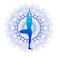 Yoga Fitness, yoga logo, fitness and sport club, vector logo template. Yoga pose designed against blue mandala with