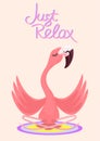 Yoga flamingo meditates. Vector poster.