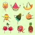 Yoga fruits poses. Fresh fruits and vegetables with funny faces making workout and yoga sport exercises exact vector cartoon