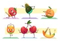 Yoga fruits. Workout exercises funny sport characters healthy fruits stretching relaxing exact vector cartoon active