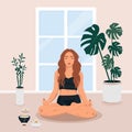 Yoga, meditation, sports and health. The girl meditates in the lotus position.