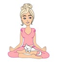 Yoga girl in lotus position and her sweet cat Royalty Free Stock Photo