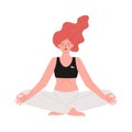Yoga girl meditating in lotus pose,young woman practices breath exercises sitting in asana.Trendy flat cartoon hand-drawn Royalty Free Stock Photo