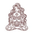 Yoga girl. Ornament Meditation pose. Concept of body positive. Vector illustration plus size, Royalty Free Stock Photo