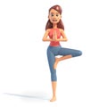 Yoga girl in tree position on white background, cartoon female 3d character doing yoga, 3d rendering Royalty Free Stock Photo