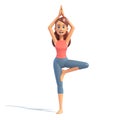 Yoga girl in tree position on white background, cartoon female 3d charcter doing yoga, 3d illustration